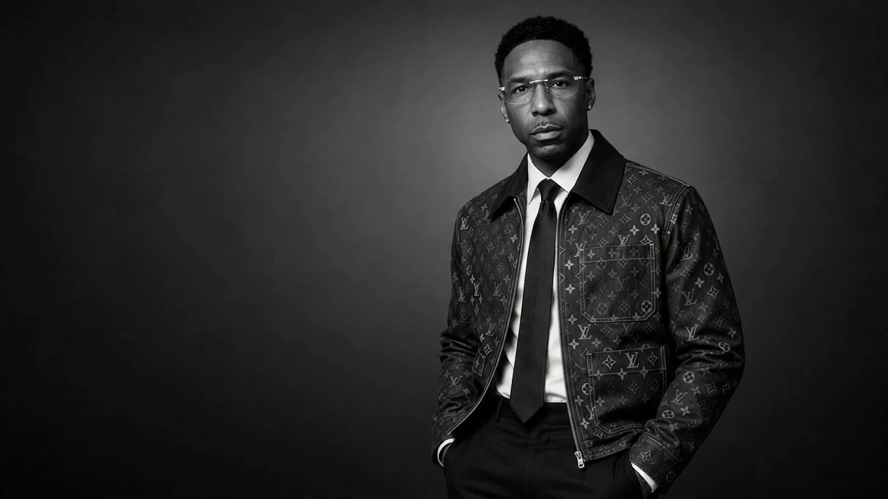 Black-and-white portrait of Lajuane Torrey wearing glasses, a patterned jacket, and a tie, with his hands in his pockets.