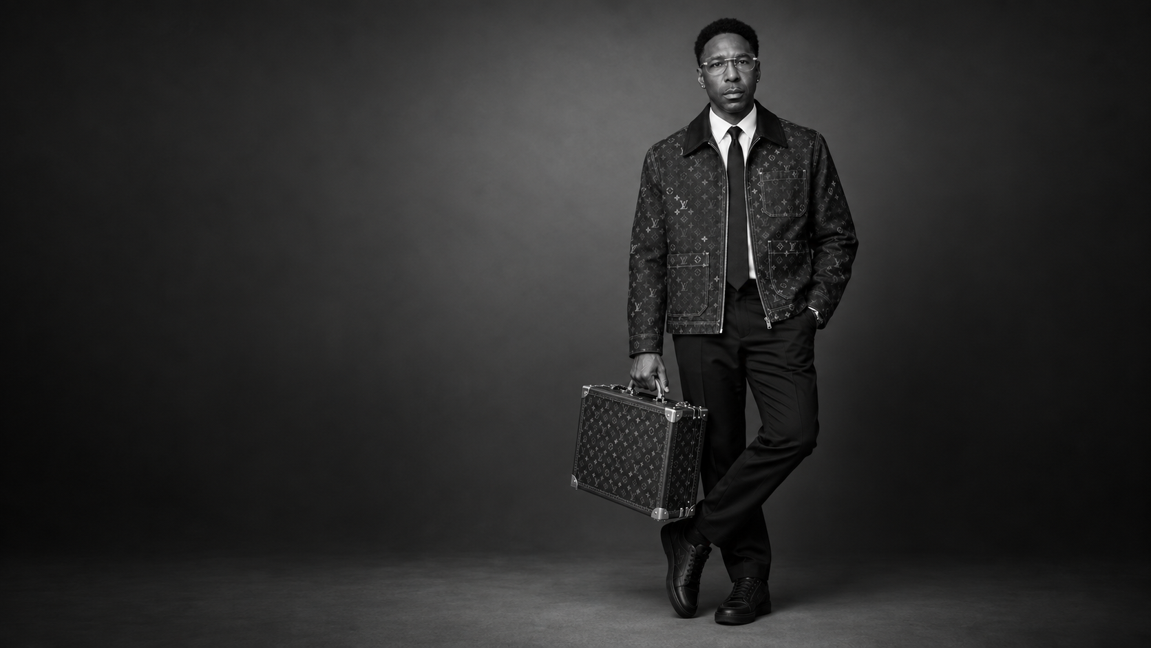 Black-and-white full-length portrait of Lajuane Torrey standing in a patterned jacket and holding a briefcase.